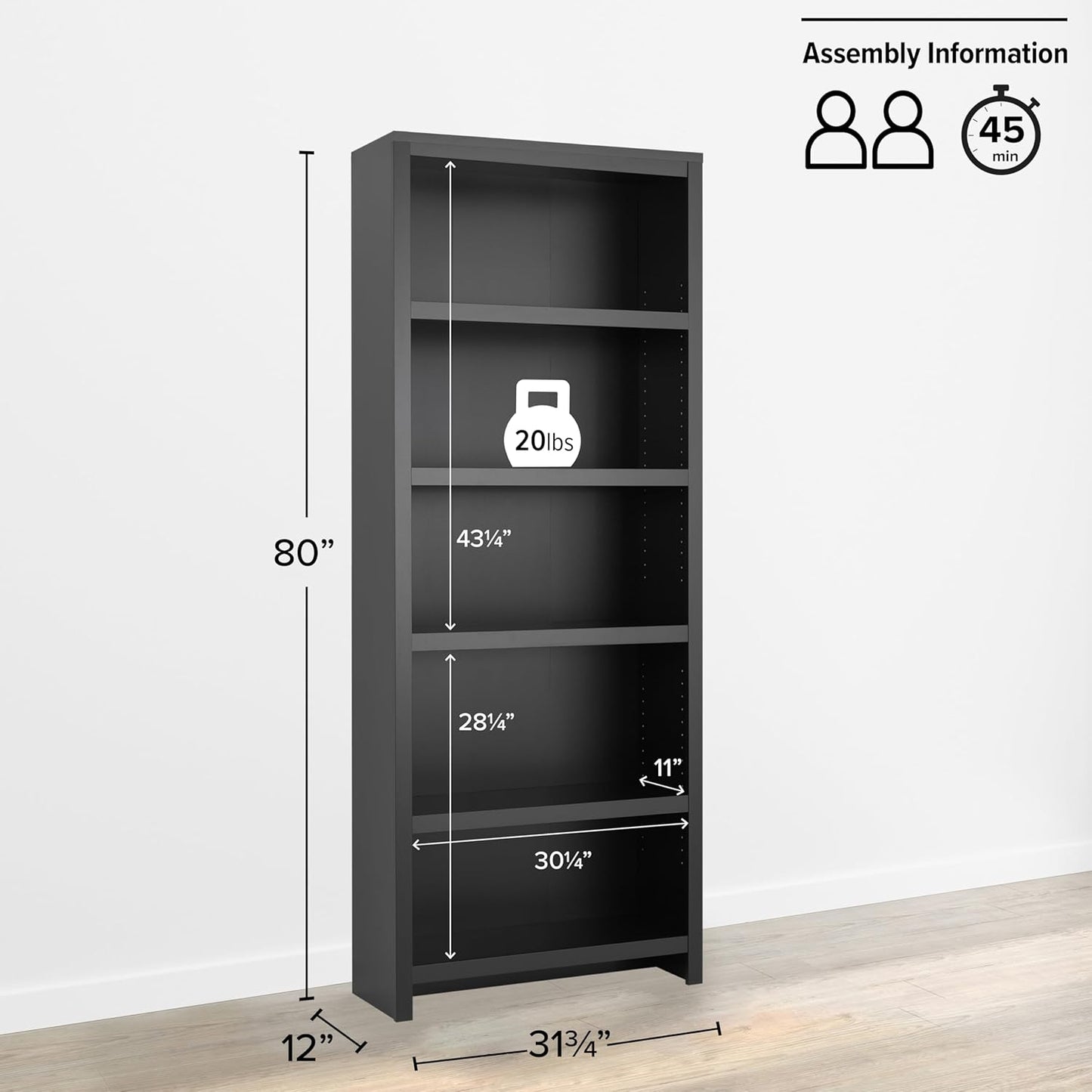 Prepac Moda 5-Tier Tall Wooden Bookcase, Black Storage Cabinet, Display Cabinet, Bookshelf with Storage Shelves 31.75" W x 80" H x 12" D for Home Office, Living Room, Bedroom Organizer