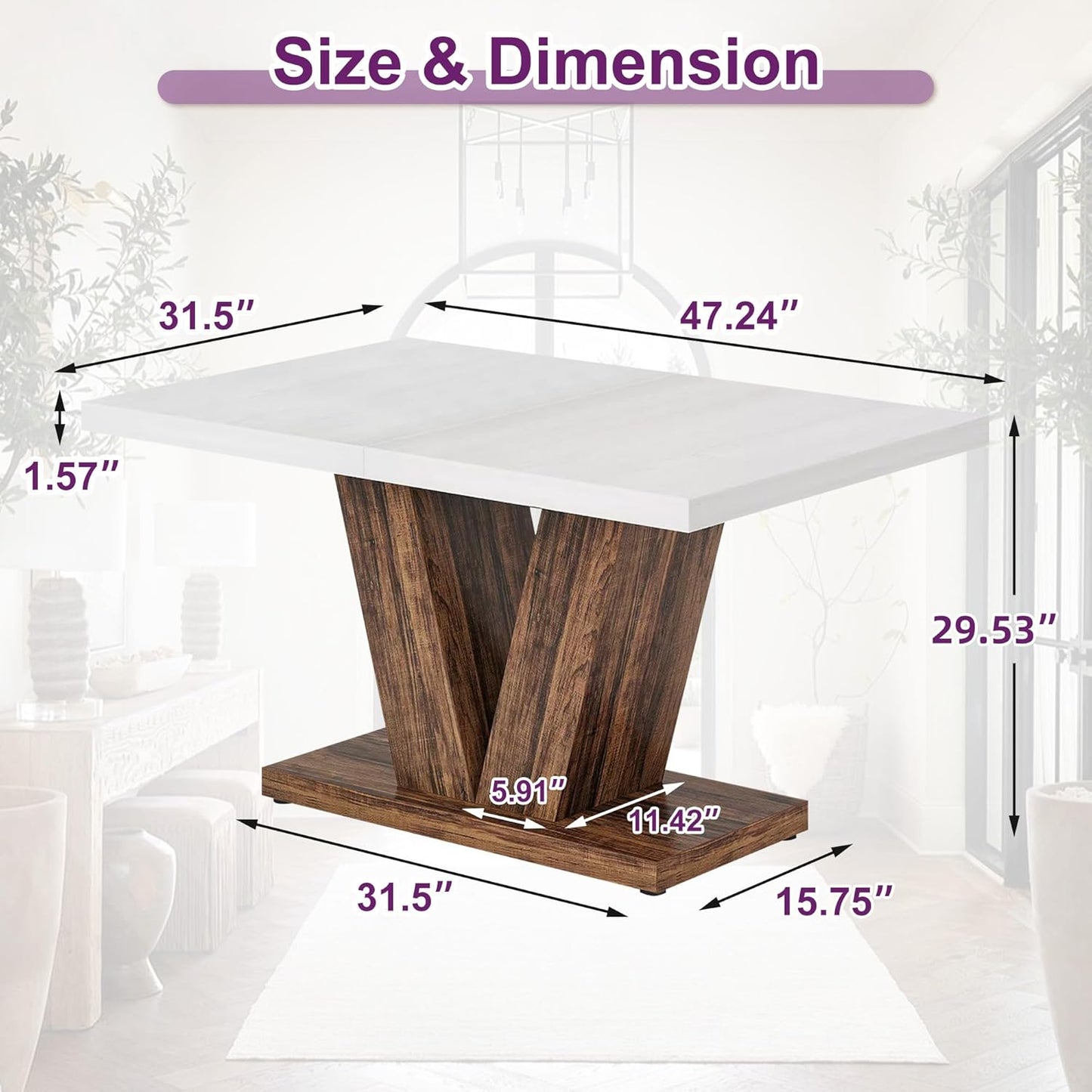 47" Dining Table, Wooden Kitchen Dinner Table Heavy Duty, Farmhouse Table for Dining Room, Living Room Space Saving, White