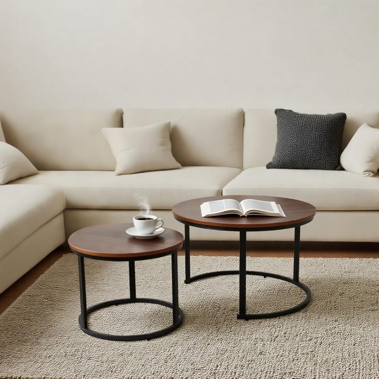 FAHKNS Nesting Coffee Table Set of 2, 27.56" & 19.68" Round Simple Industrial Side Tables for Living Room with Wood Top & Metal Base, Space-Saving Furniture for Small Spaces