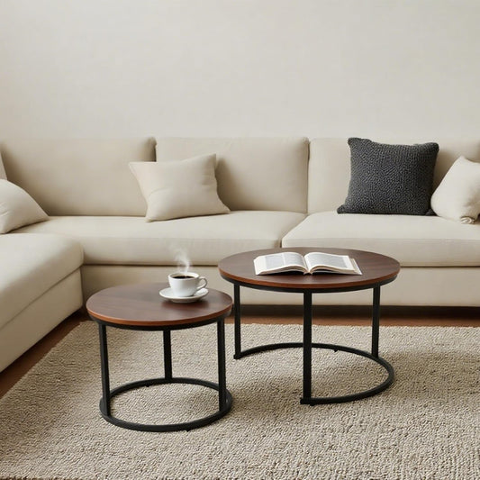 FAHKNS Nesting Coffee Table Set of 2, 27.56" & 19.68" Round Simple Industrial Side Tables for Living Room with Wood Top & Metal Base, Space-Saving Furniture for Small Spaces