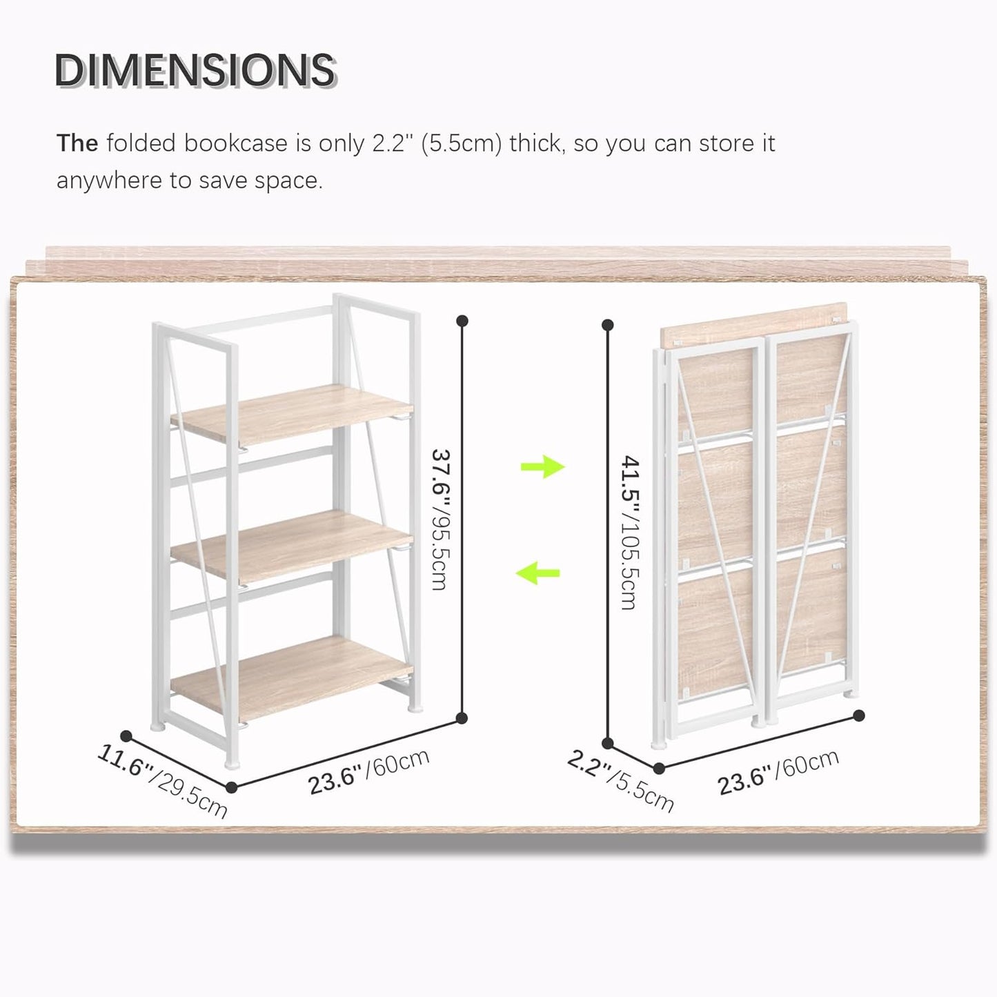4NM No-Assembly Folding Bookshelf Storage Shelves 3 Tiers Vintage Bookcase Standing Racks Study Organizer Home Office (Natural White)