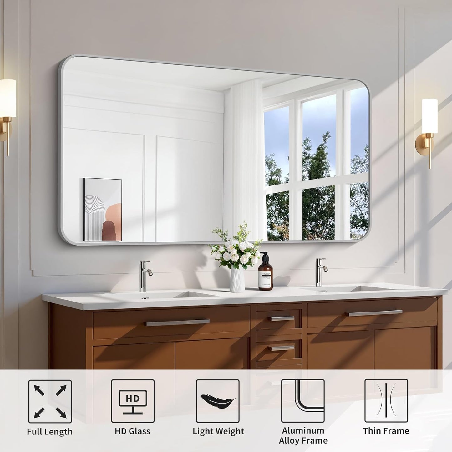 FORBATH 55x36 Inch Silver Bathroom Mirror for Over Sink, Large Rectangular Wall Mirror with Metal Frame, Rounded Corners for Bathroom, Bedroom, Entryway Decor (Horizontal or Vertical)