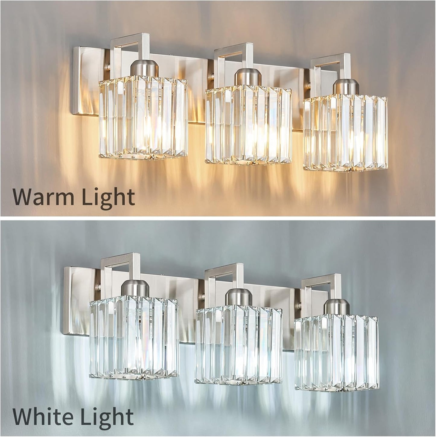 Modern Bathroom Vanity Light 3-Lights Brushed Nickel Vanity Light Crystal Wall Light Bathroom Light Fixtures