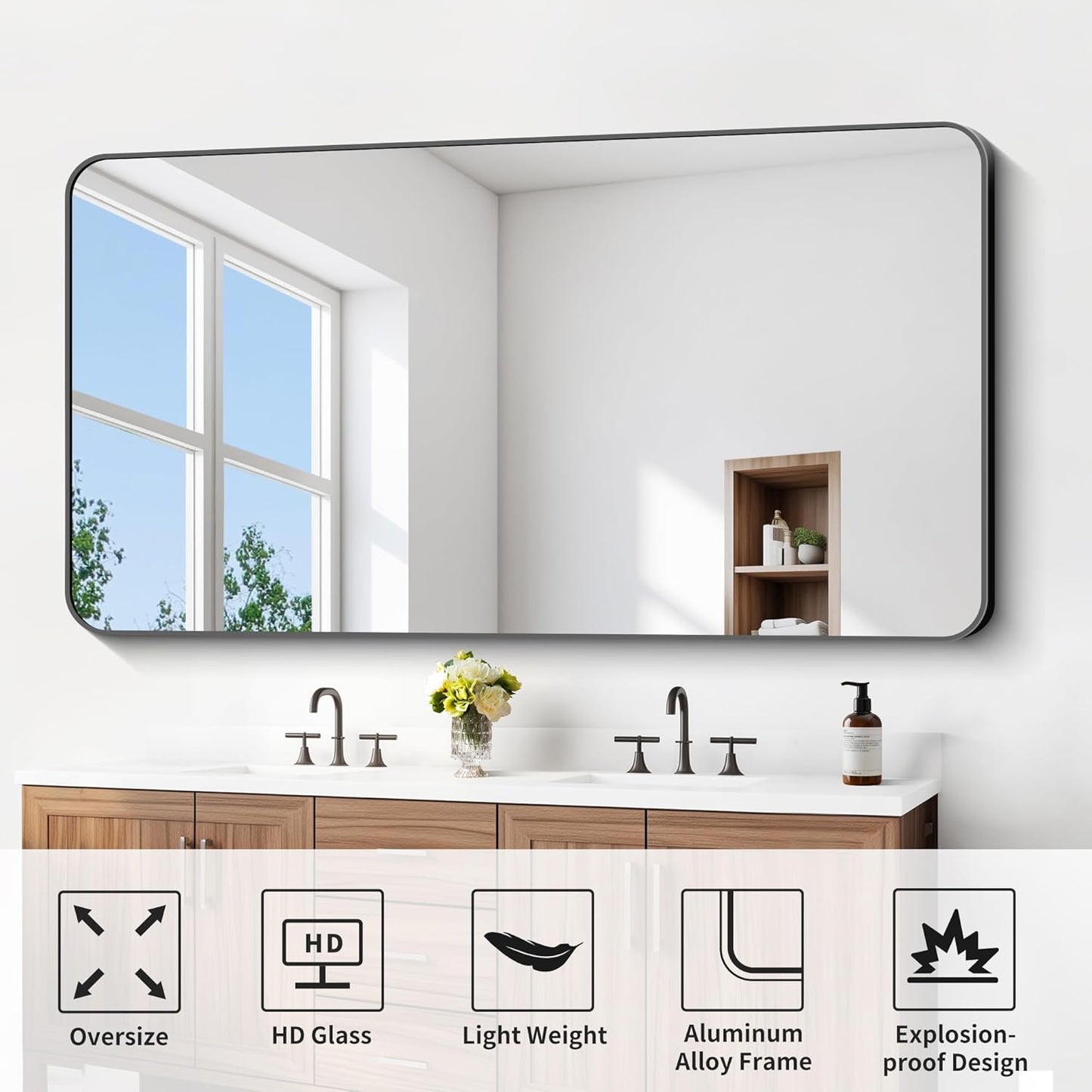 FORBATH Large Bathroom Mirror 72x36 Inches, Black Oversized Wall Mirror for 2 Sinks Aluminum Frame Full Length Rounded Corner Morndern Mirror for Bathroom Bedroom Entryway Living Room