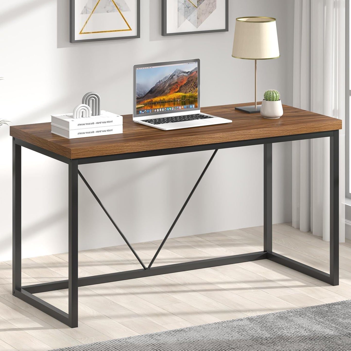 FOLUBAN Modern Computer Desk, Rustic Wood and Metal Study Writing Table, Simple Work Gaming PC Desk for Home Office, Walnut 53 Inch