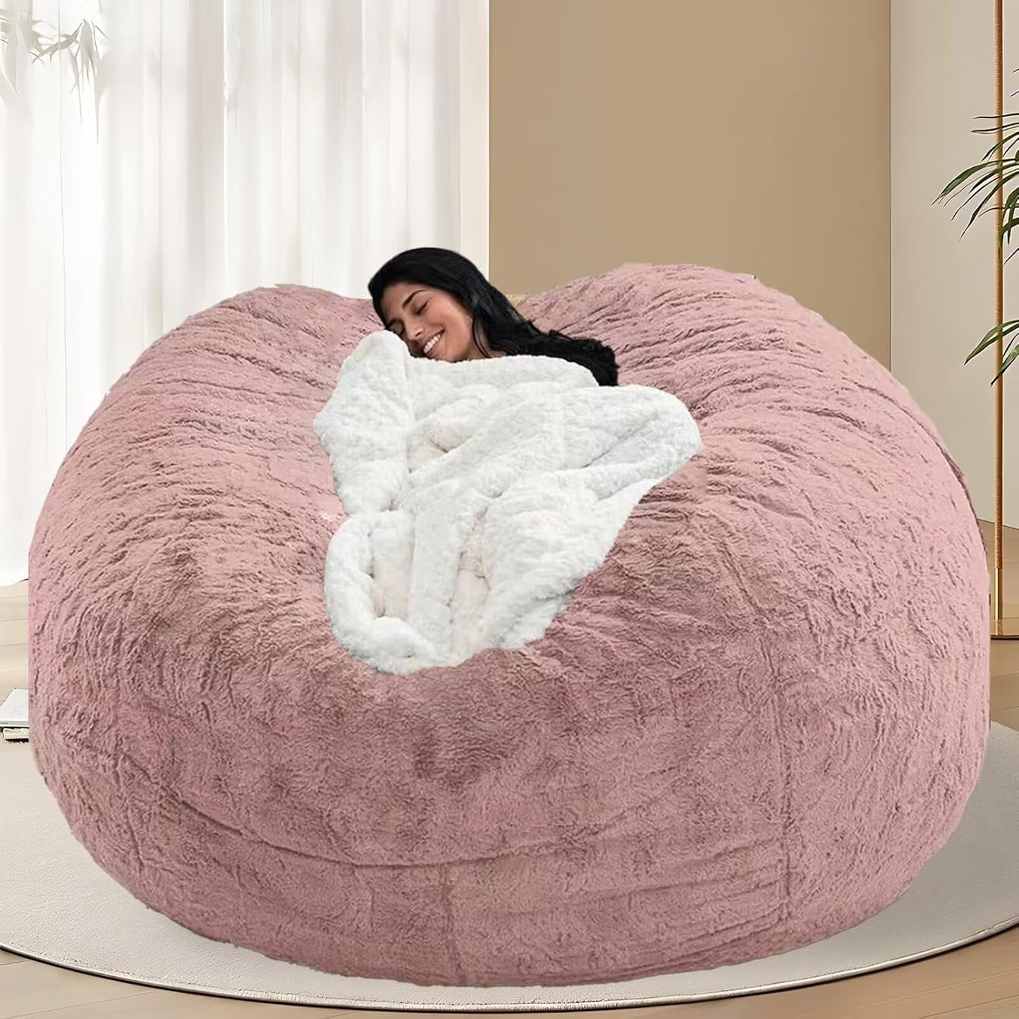 BCU Oversized Bean Bag Cover Comfy Beanbag Chair for Adults Without Filler Faux Fur Floor Chair Lazy Sofa Cover Comfy for Living Room Chairs, Powder Pink, 5FT