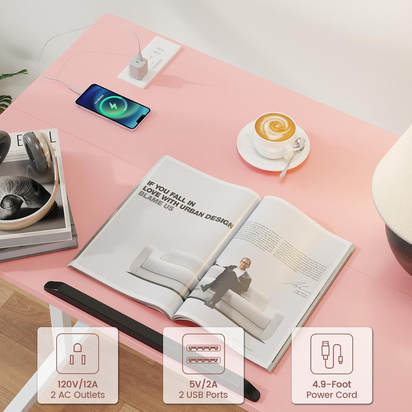 SIDUCAL Mobile Stand Up Desk with USB Ports and Outlets, Adjustable Laptop Desk on Wheels, Home Office Workstation, Rolling Laptop Cart for Standing or Sitting, 31.5" x 23.6"Pink