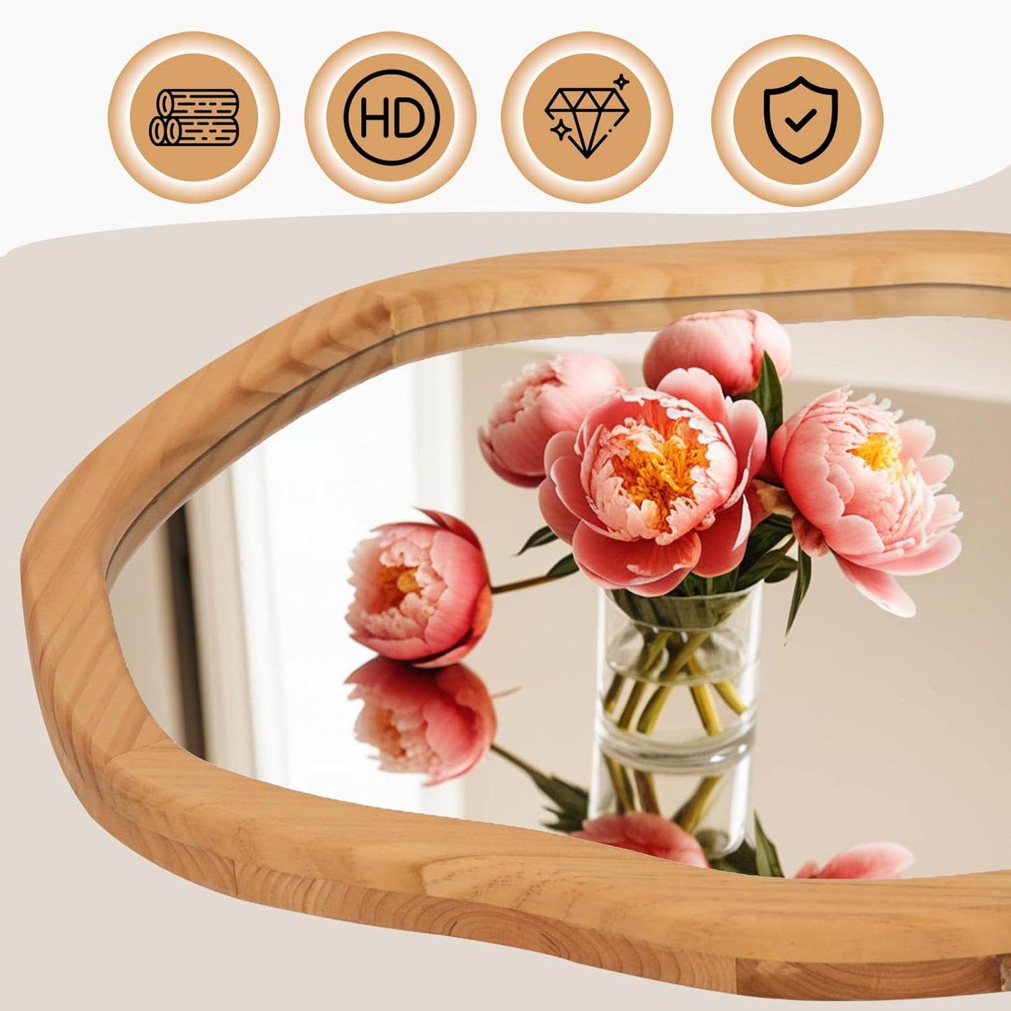 ULIKE Round Wood Mirror 24 Inch Circle Wall Mirror, Asymmetrical Bathroom Vanity Mirror with Wood Frame, Decorative Wall Mounted Mirror for Bedroom, Living Room, Entryway, Natural