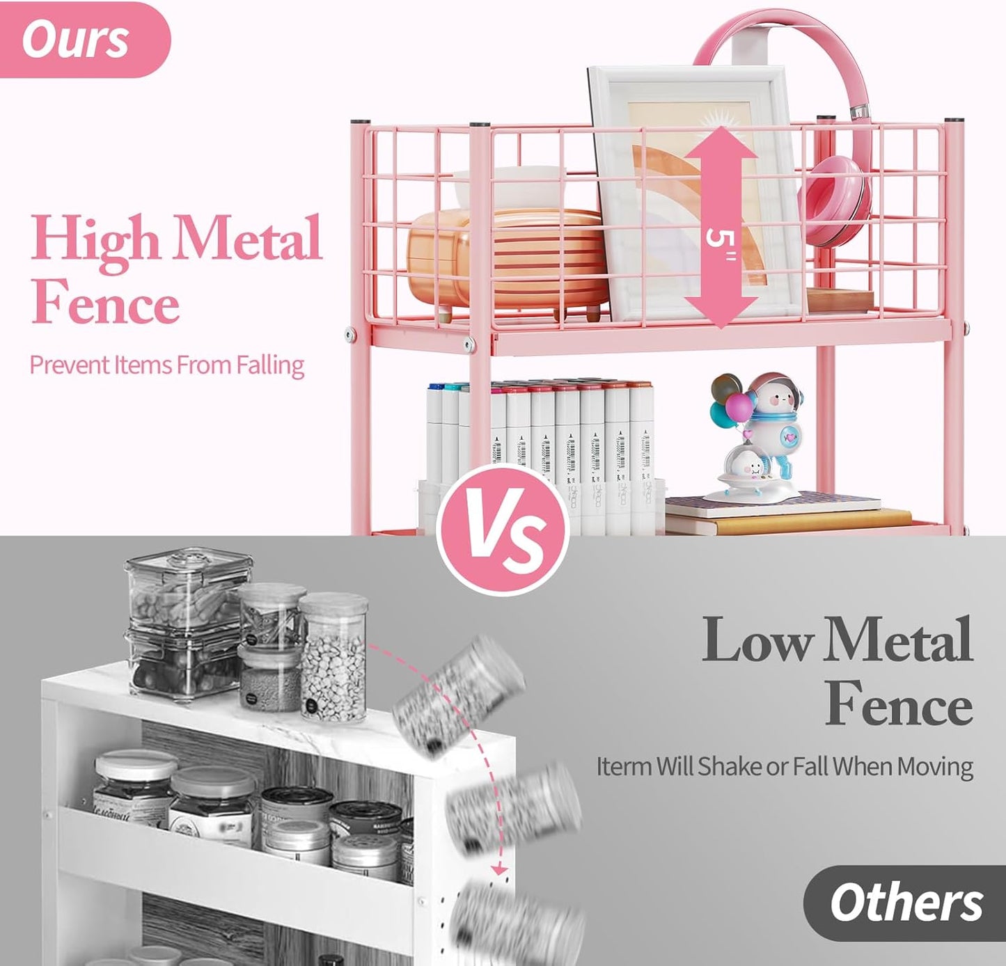 KINGRACK Slim Storage Cart, 4-Tier Metal Utility Rolling Cart with Wheels,Bathroom Organizer, Skinny Rolling Trolley, Mobile Shelving Unit for Office, Laundry Room, Narrow Place,Pink