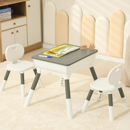 Kids Study Desk and Chair set Height Adjustable Graffiti Desktop Storage Drawer Storage Basket non Slip Legs Suitable for Max Weight of 220 Pounds Suitable for Children Aged 2-10(Dark grey 2Chair)