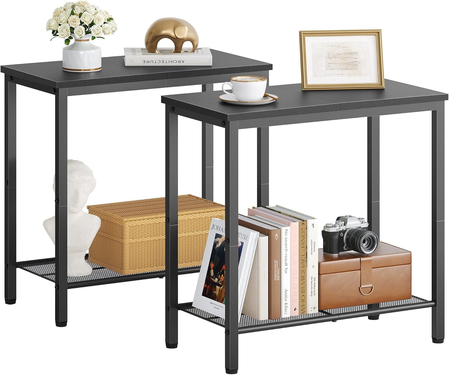 Hoctieon 2 Tier End Table, Sofa Side Table, Narrow Side Shelf with Storage, Slim Nightstand for Small Spaces, Metal Frame, for Living Room, Bedroom, Sofa Couch, Hall, Black, 2 Set