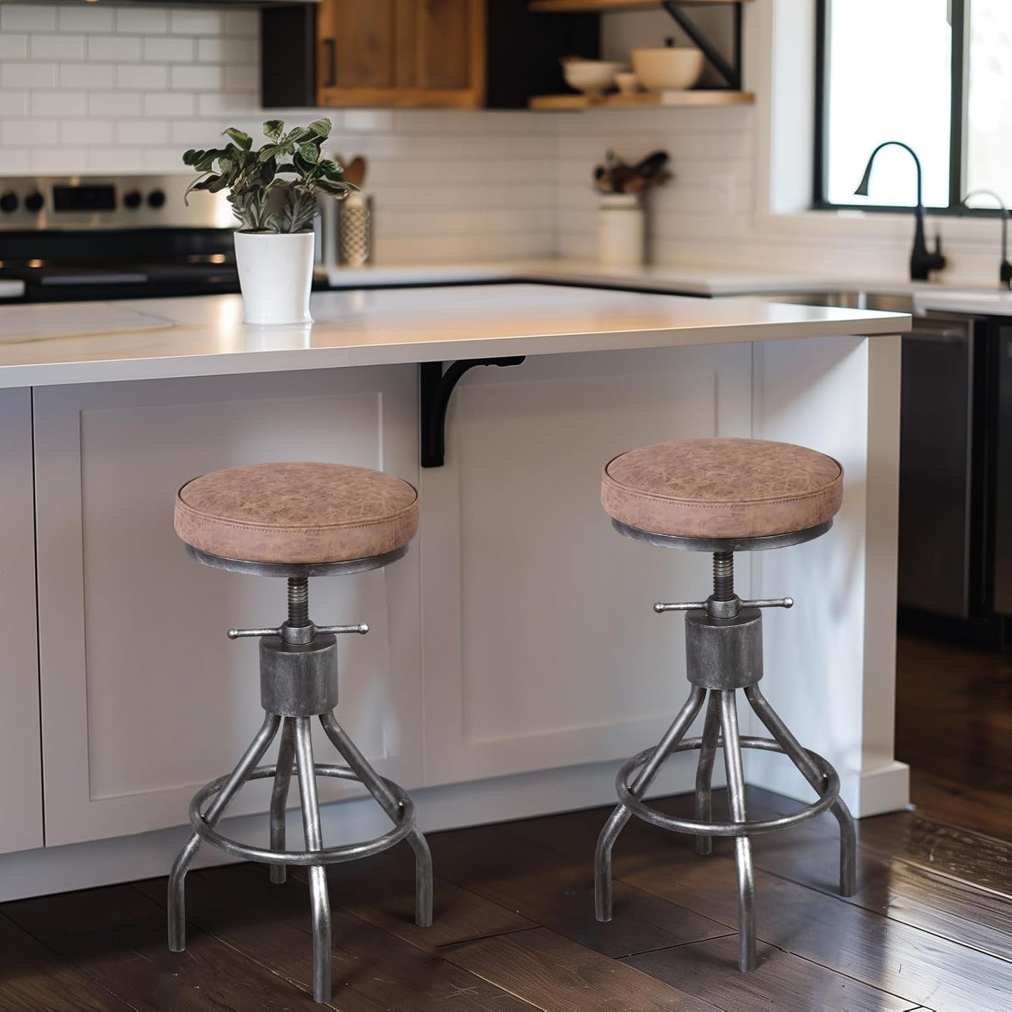 Industrial Bar Stools Swivel Pu Seat Vintage Kitchen Island Counter Stool 23-33inch Height Adjustable Rustic Shop Chair (Set of 2)