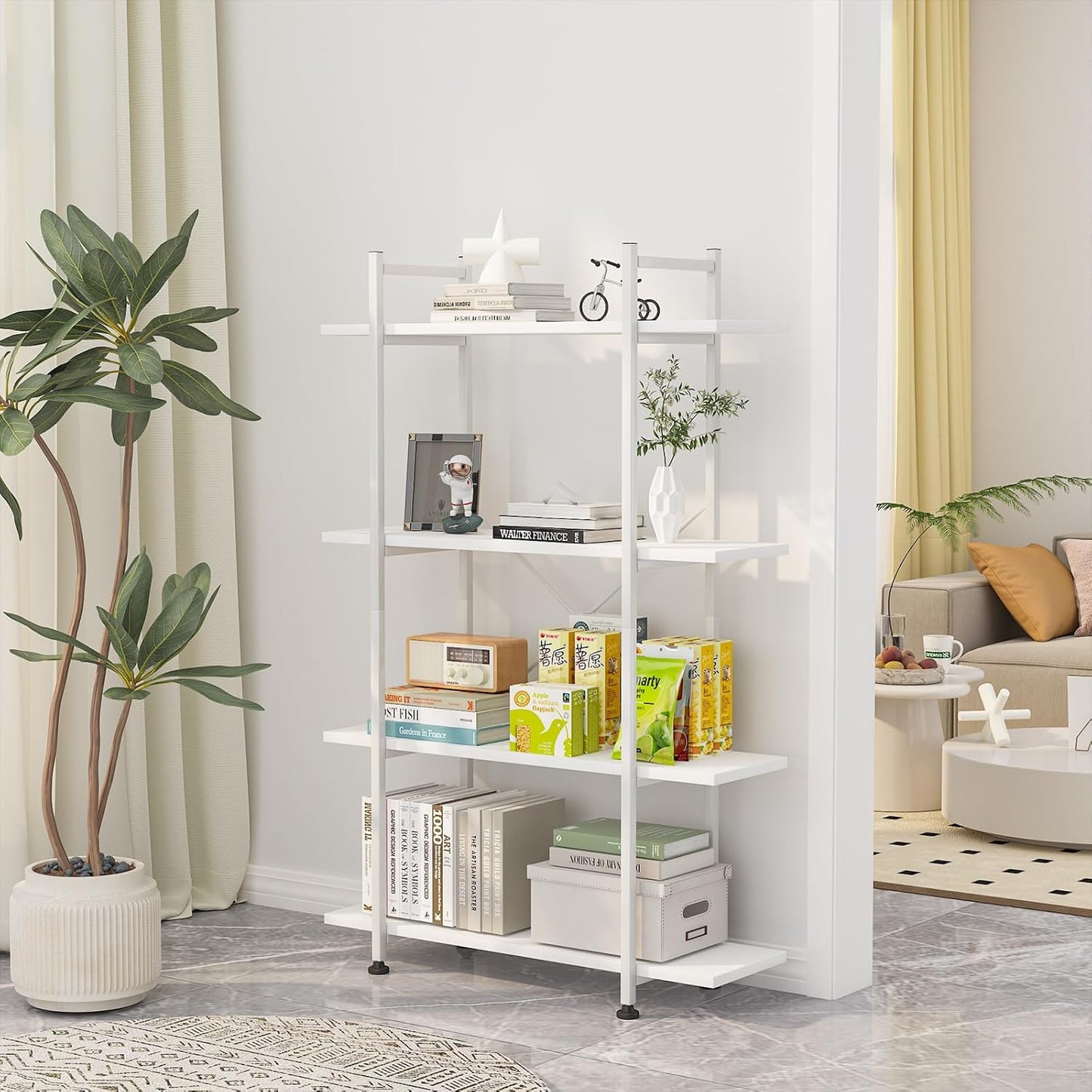 Bookshelf 4 Tiers White Wooden Storage Shelf,Modern Open Display Storage Bookcase Book Organizer,Metal Bookshelf Standing Storage Shelf Tall Shelving Units for Home Office Study