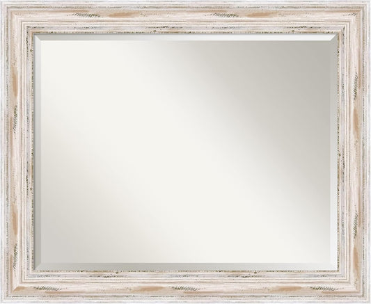Amanti Art White Bathroom Mirror for Over Sink, 27x33 Alexandria White Wash Rectangle Vanity Mirror, Large Coastal Wood Frame, Hangs Horizonally and Vertically, Bathroom Wall Decor, Beveled Edge