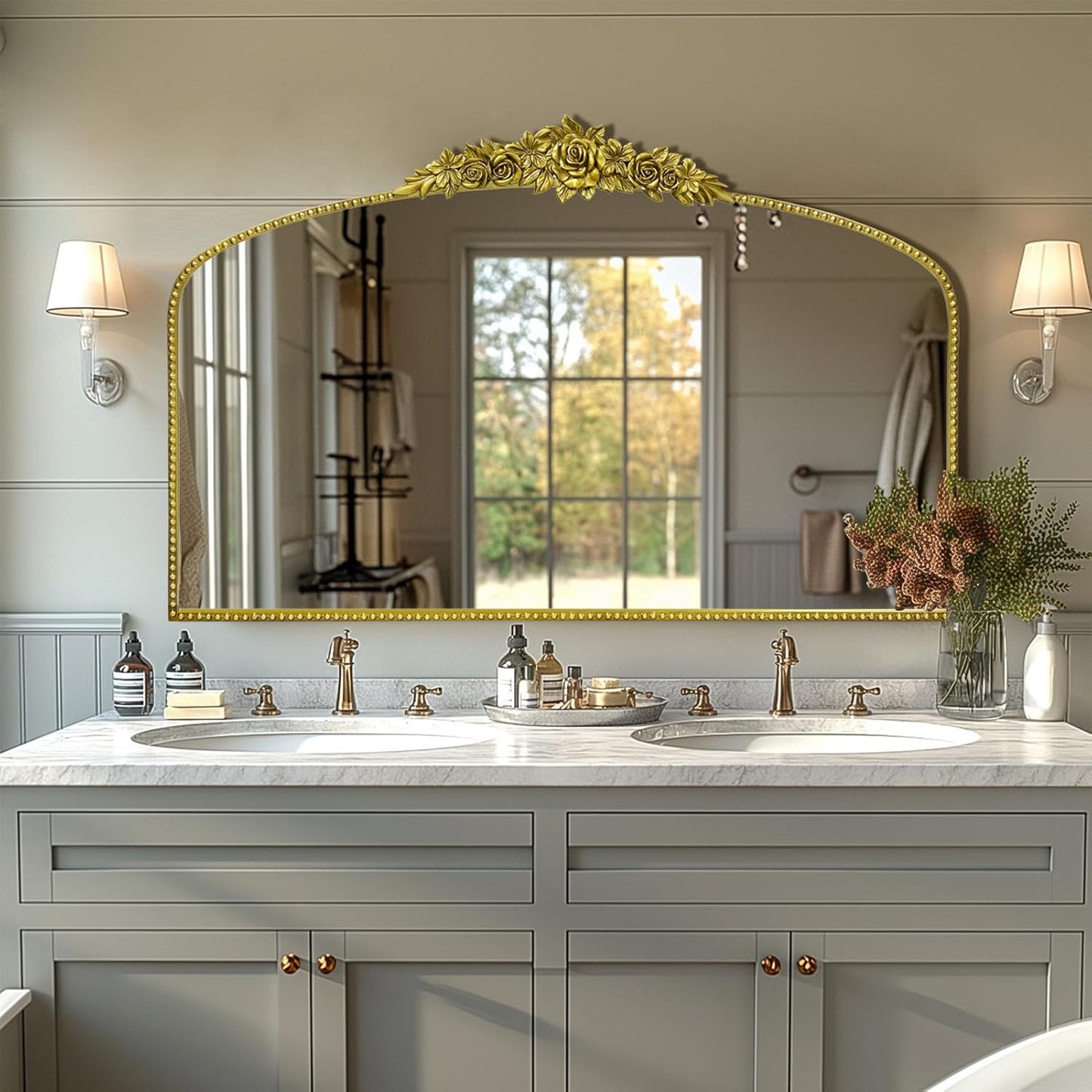 Antique Gold Arch Wall Mirror, 48"x30" Traditional Vintage Mantel Mirror with Ornate Metal Frame, Baroque Victorian Mirror for Fireplace/Entryway/Bathroom/Living Room/Dining Room