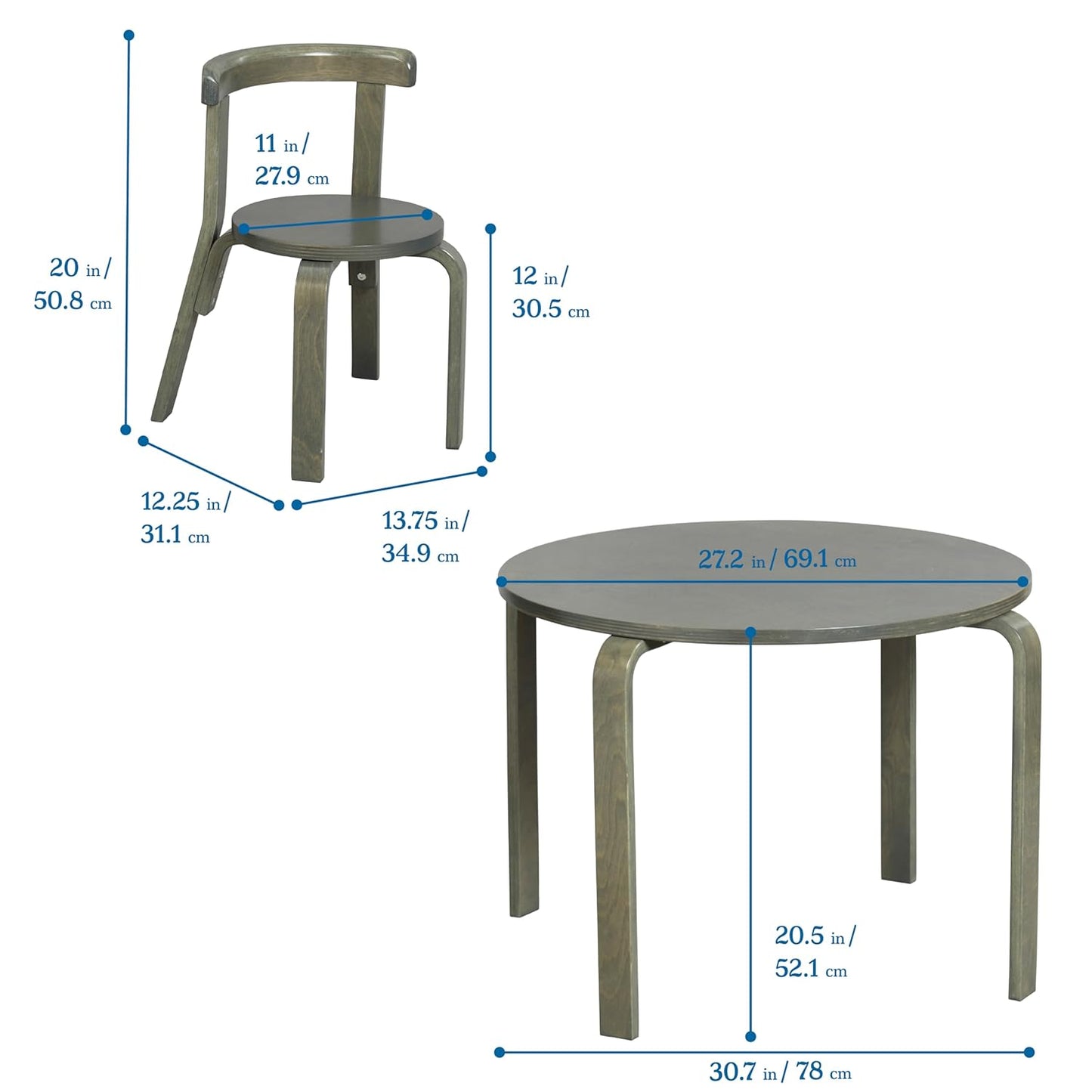 ECR4Kids Bentwood Round Table and Curved Back Chair Set, Kids Furniture, Grey Wash, 5-Piece