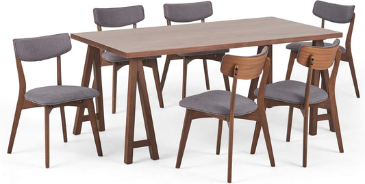 Christopher Knight Home Abraham Mid-Century Modern 7 Piece Dining Set with A-Frame Table, Dark Gray + Walnut