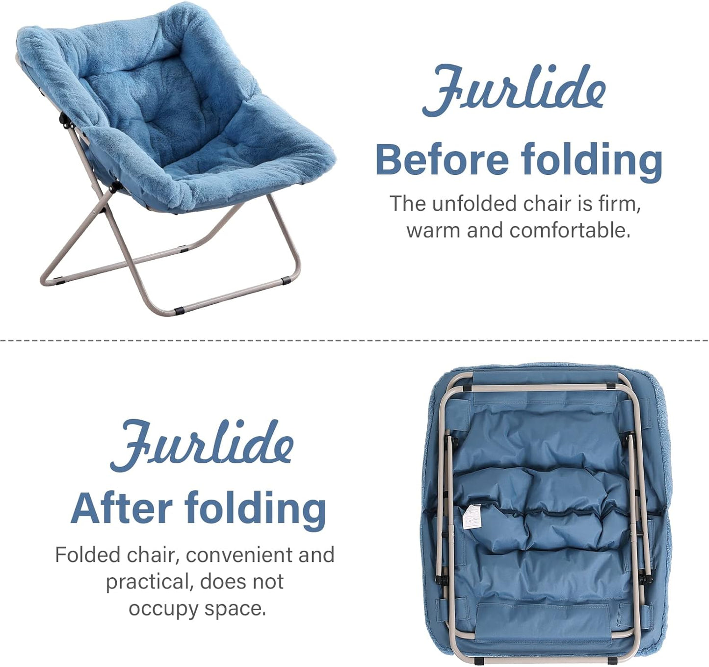 Saucer Chair With Ottoman - Oversized Folding Faux Fur, X-Large Soft Dorm, Foldable Metal Frame for Bedroom, Living Room, Study, Playroom (Blue)