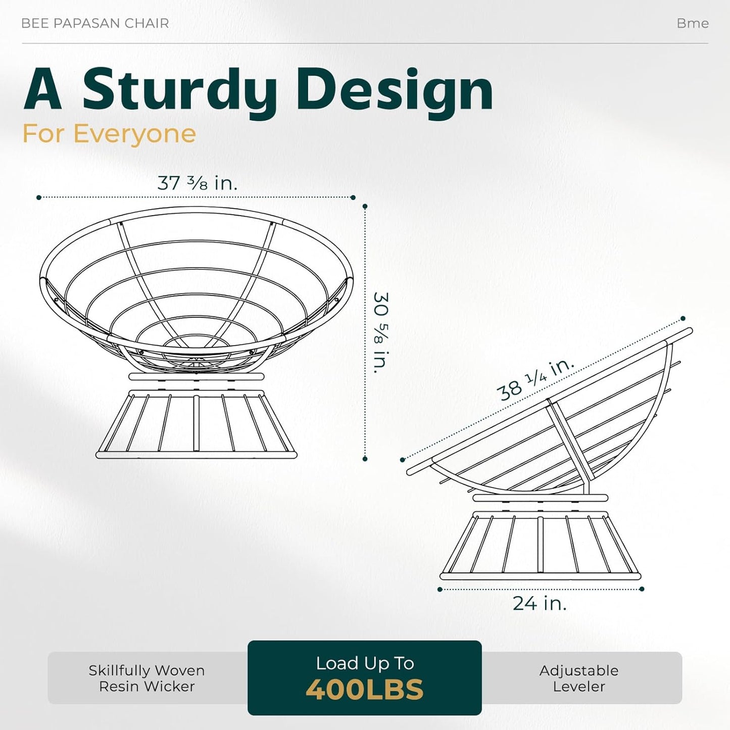 Bme 40" Ergonomic Wicker Papasan Chair with Soft Thick Density Fabric Cushion, Bee-Designed Base, High Capacity Steel Frame, 360 Degree Swivel for Living, Bedroom, Reading Room,...