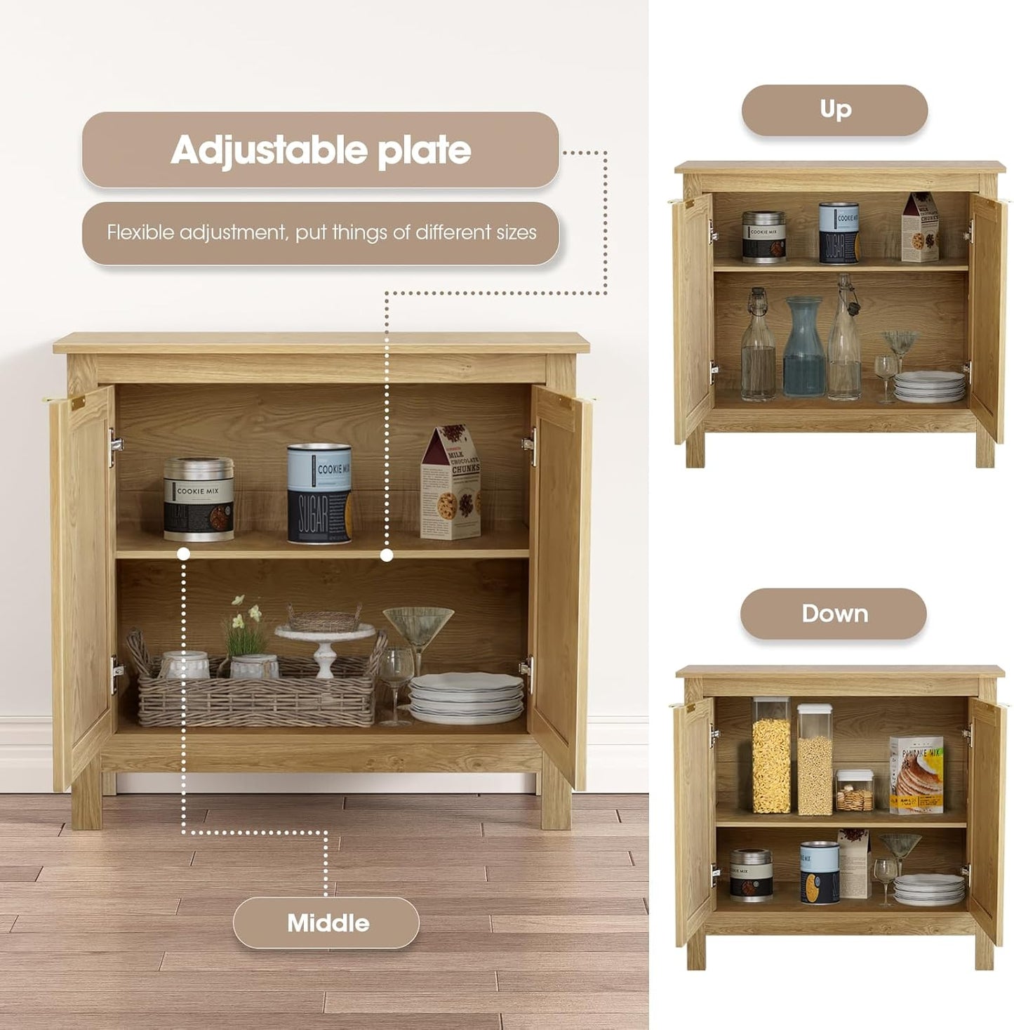 Giluta Sideboard Buffet Cabinet, Farmhouse Kitchen Cabinets with 2 Rattan Doors, 30''H Boho Cabinet for Entryway