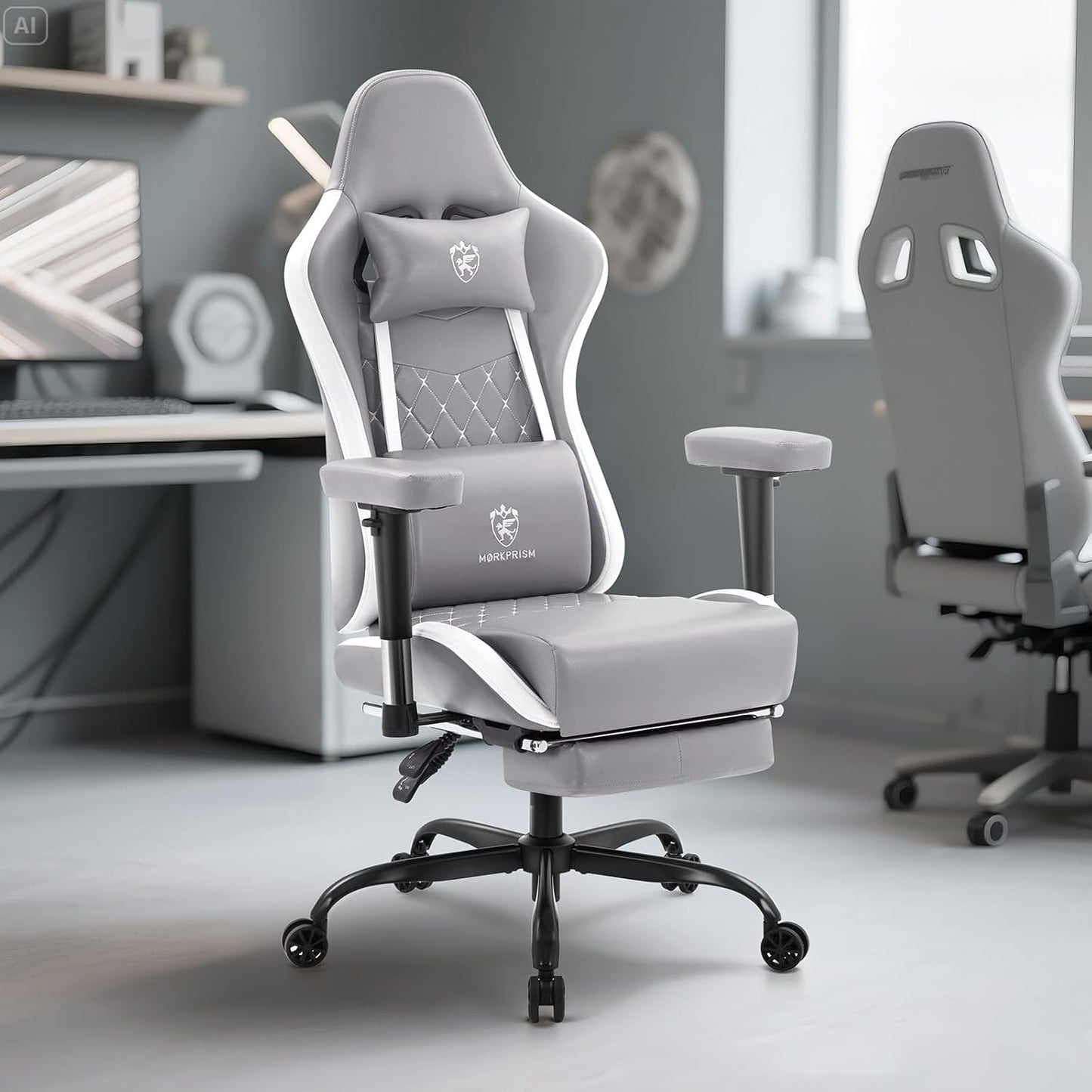 Gaming Chair,Computer Office Chair with Footrest,Massage Lumbar Support and Gel Pad,Ergonomic Reclining Leather Gamer Chair with Headrest,Adjustable Armrests and Spring Cushion Grey White