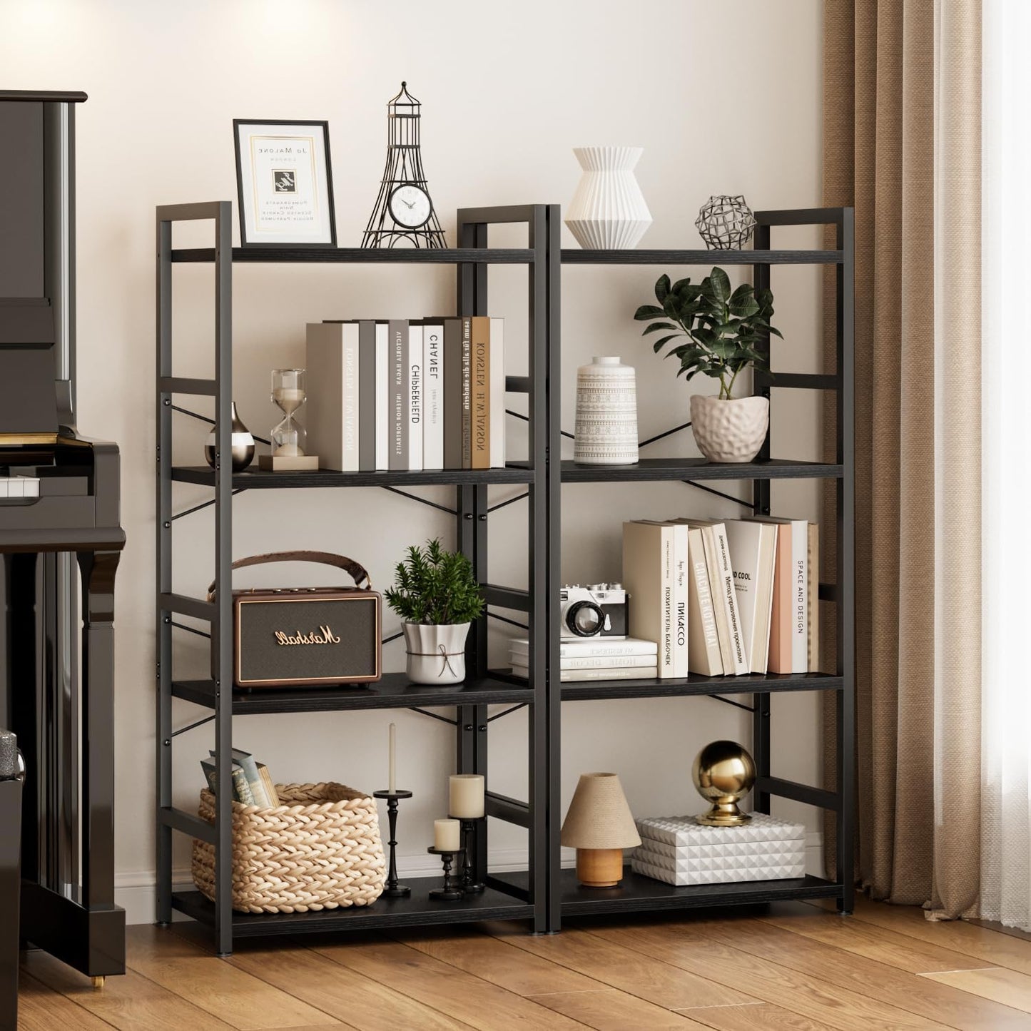 NUMENN 4 Tier Small Bookshelf, Industrial Bookcase Shelf Storage Organizer, Modern Book Shelf for Bedroom, Living Room and Home Office, Black