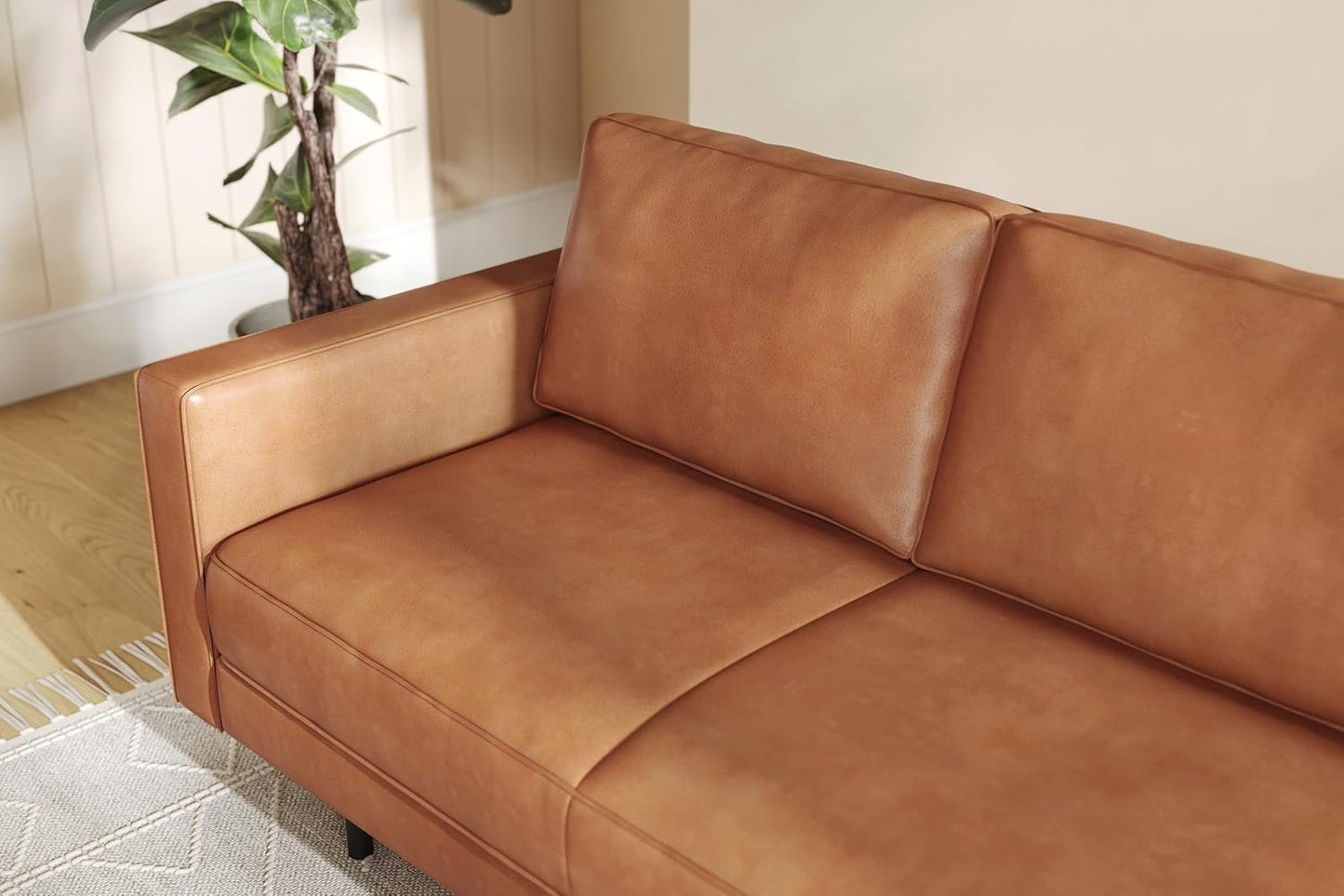 Valencia Varese 90" Full Leather Couch Cognac Tan Brown- Italian Nappa Leather Modern Cloud Couch for Living Room/Apartment Furniture