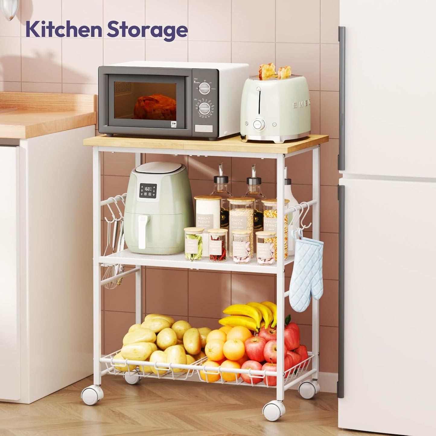 SWTYMIKI Rolling Kitchen Microwave Cart - 3 Tier Microwave Table Stand with Storage Basket and Hooks, Kitchen Utility Cart on Wheels, Coffee Cart Shelf Rack Organizer for Living Room Office, Balcony