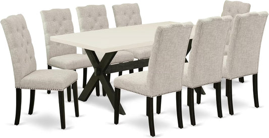 East West Furniture X627EL635-9 9 Piece Dining Room Table Set Includes a Rectangle Dining Table with X-Legs and 8 Doeskin Linen Fabric Upholstered Parson Chairs, 40x72 Inch, Multi-Color