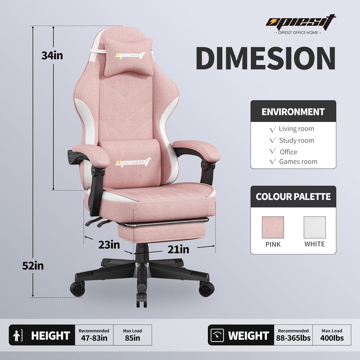 Gaming Chair,Fabric Computer Chair with Pocket Spring Cushion,400 lb Load Capacity,Ergonomic Office Chair with Footrest,Height Adjustable Video Gamer Chair with Lumbar Support (Pink)