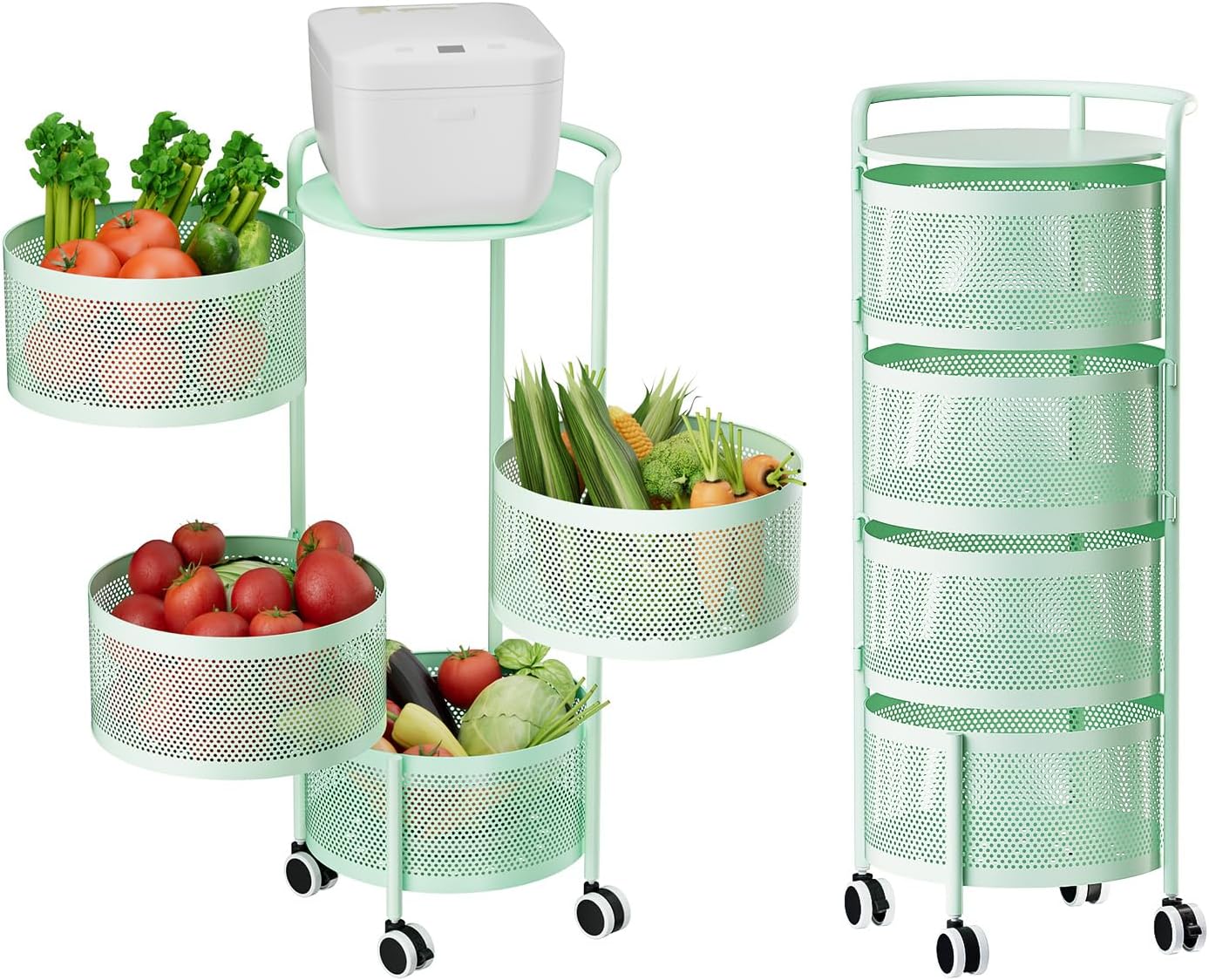 JAQ Kitchen Storage Rack No Assembly, 4-Tier Metal Storage Tower Basket Shelves Organizer on Rolling Wheels with Removal Drawers for Fruit Vegetable Grocery Corns Potato Onion (4-Tier, Green)