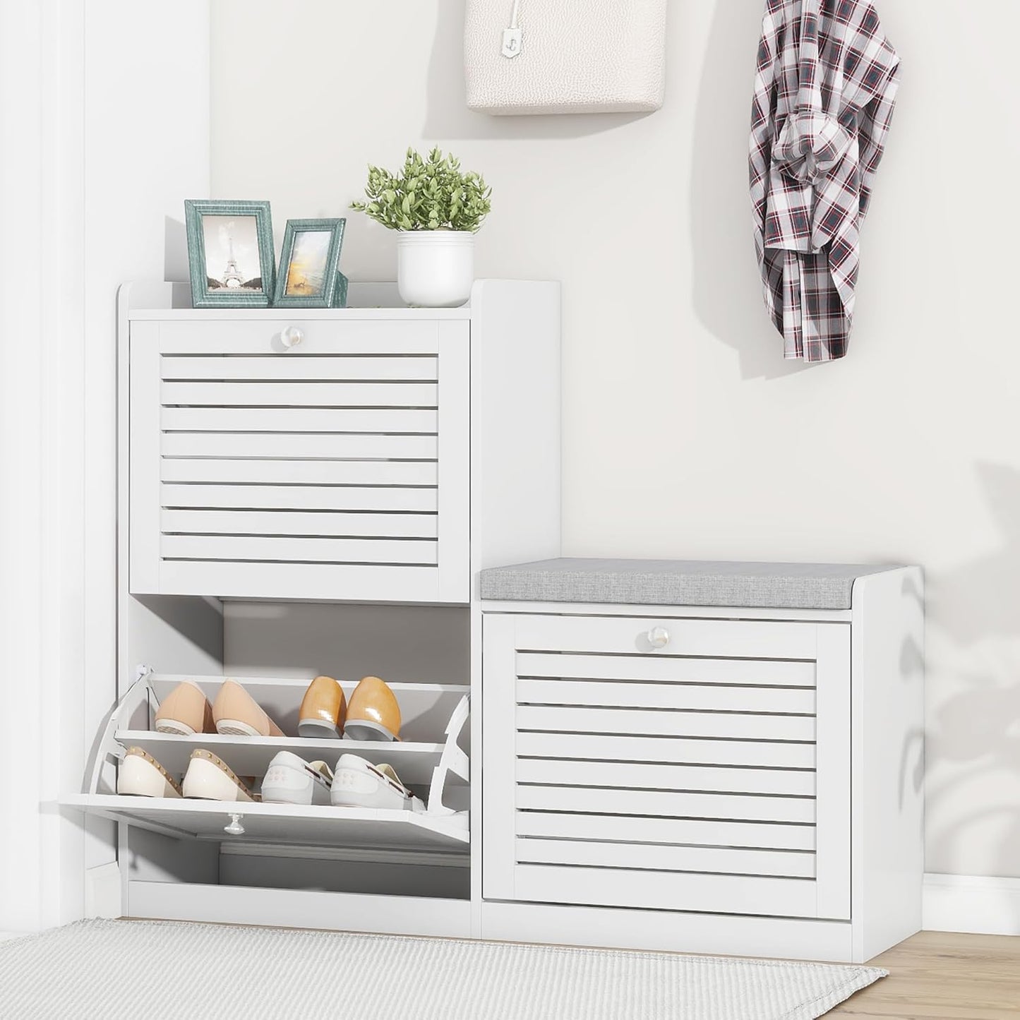Shoe Bench with 3 Flip Drawers, Entryway Storage Bench with Cushion, Adjustable Shelves, Shoe Cabinet with Storage Space for Entryway, Living Room, Hallway, Mudroom, Bedroom, White