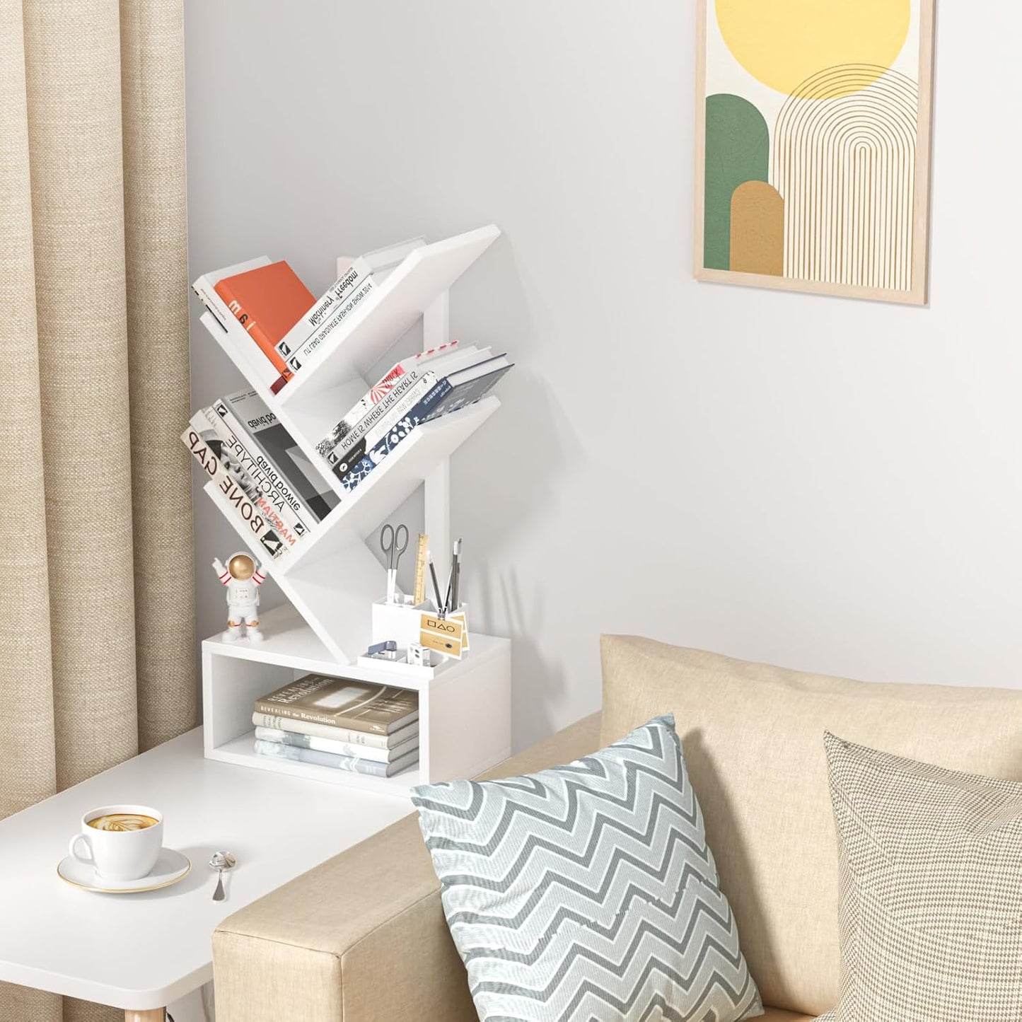 Small Tree Book Shelf,5 Tier Black Tree Bookshelf,White Desktop Bookcase,Modern Desk Display Storage Bookshelves,Floor Standing Organizer Bookcases for Living Room,Bedroom,Office