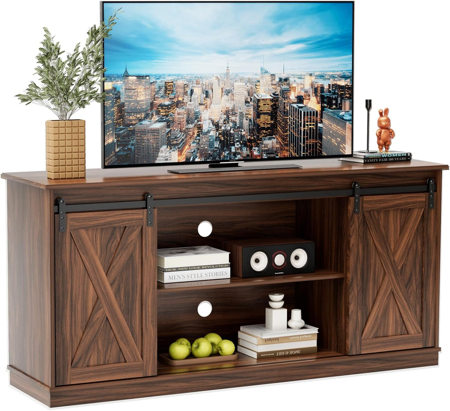 Sweetcrispy TV Stand for Televisions up to 65 Inch Farmhouse Entertainment Center with Storage Cabinets Sliding Barn Doors Modern Living Room Furniture Media Console Table for Bedroom, Brown