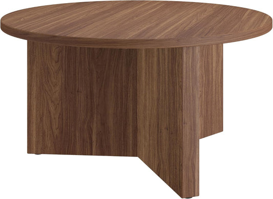 Henn&Hart 32" Round Wood Pedestal Coffee Table for Living Room, Family Room, Office, or Apartment, Satin Walnut