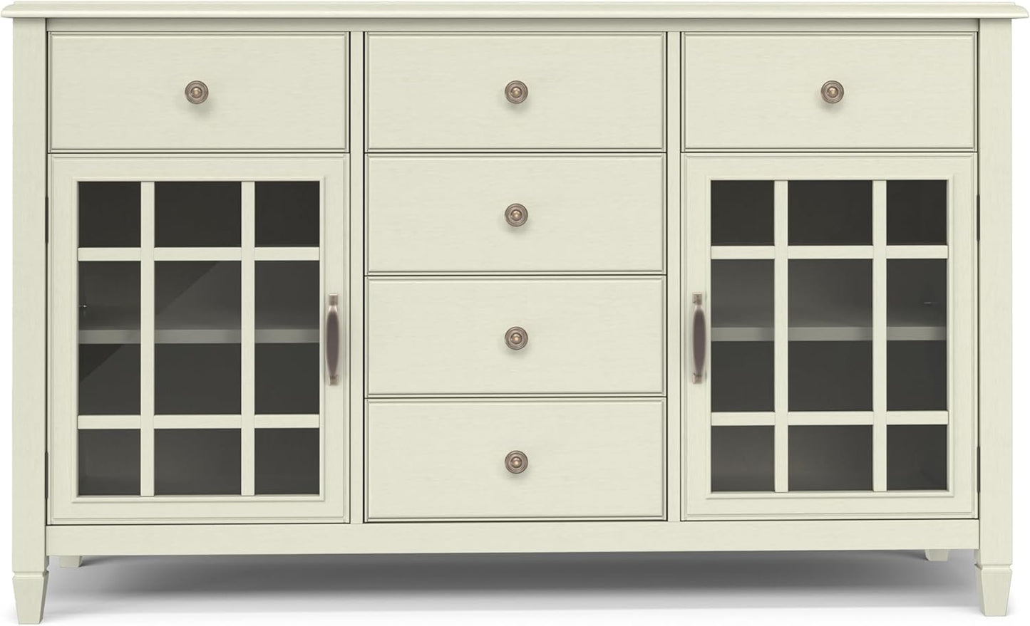 SIMPLIHOME Connaught Buffet - 60 inch Wide Solid Wood 3-Door Sideboard Buffet in Antique White, Traditional Storage Cabinet for Dining Room or Kitchen with Adjustable Shelves and Classic Molding