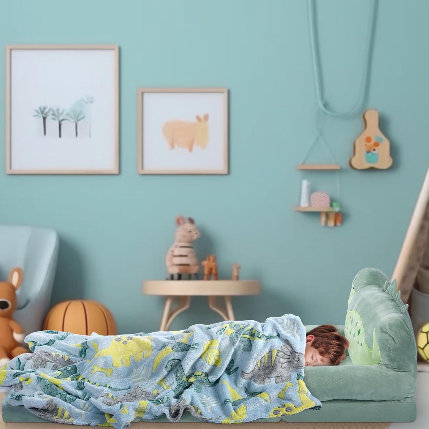 Dinosaur Kids Couch Fold Out 2-in-1 Toddler Sofa Fold Out with Blanket, Soft Toddler Chair Comfy for Boys Girls Baby, Convertible Sofa to Lounger for Napping Reading Playing Christmas, Green