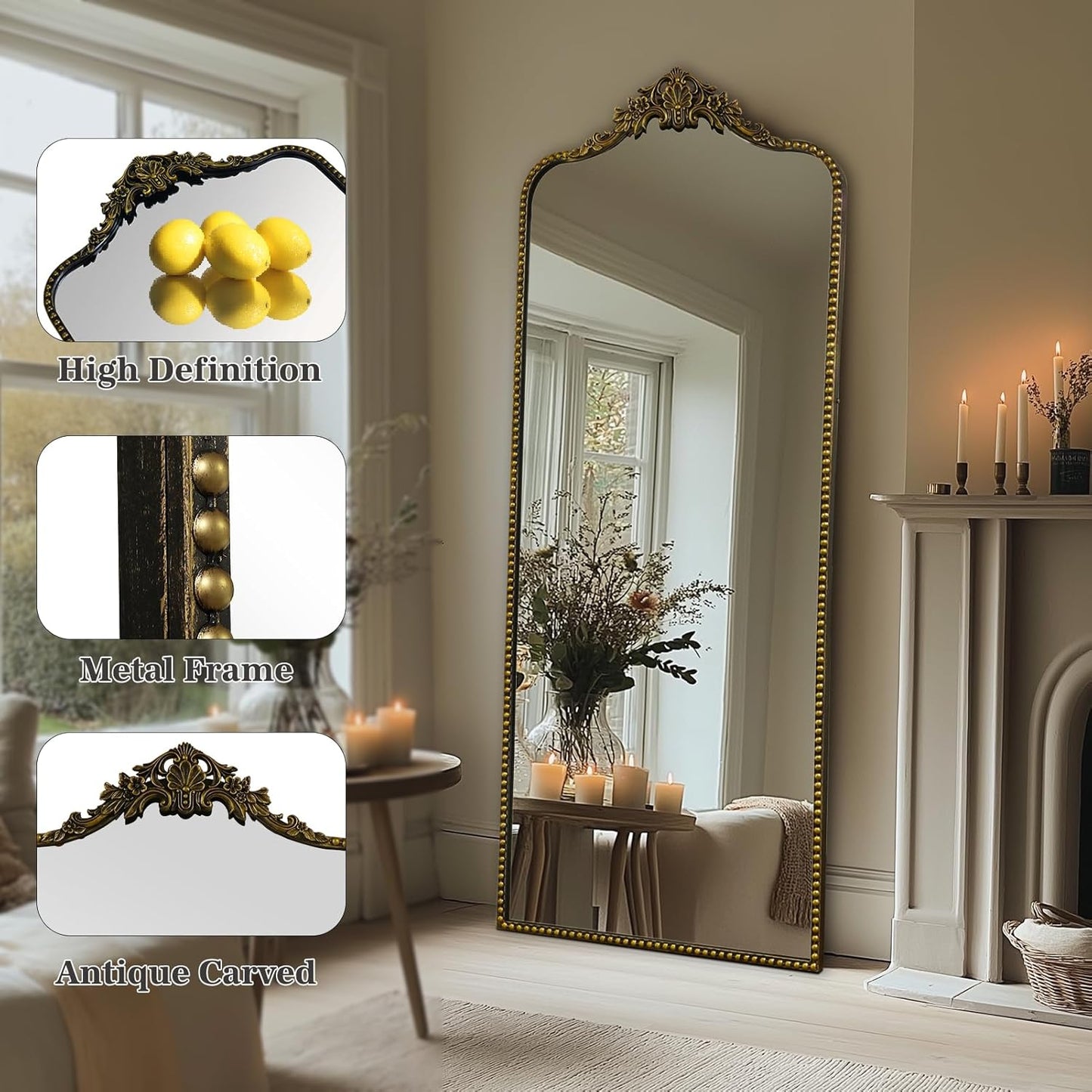 G-LEAF Vintage Baroque Full Length Floor Mirror 75"X30", Victorian Antique Mirror with Brush Black Ornate Metal Frame for Fireplace Entryway Living Room Hallway Bathroom