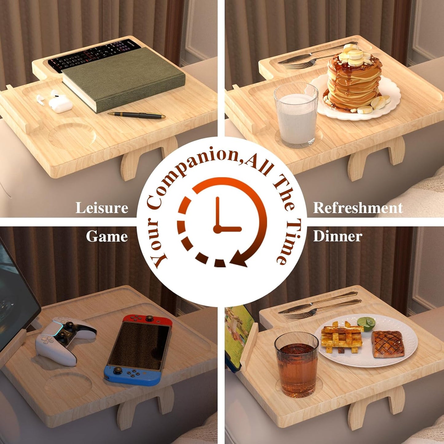 Bamboo Couch Arm Table with Remote Control Tray & Rotating Phone Holder,Non-Slip Clip Fits Sctional Sofa and Pillow,Foldable Armrest Tray Table for Couch,Durable Sofa Arm Table for Drinks and Dining