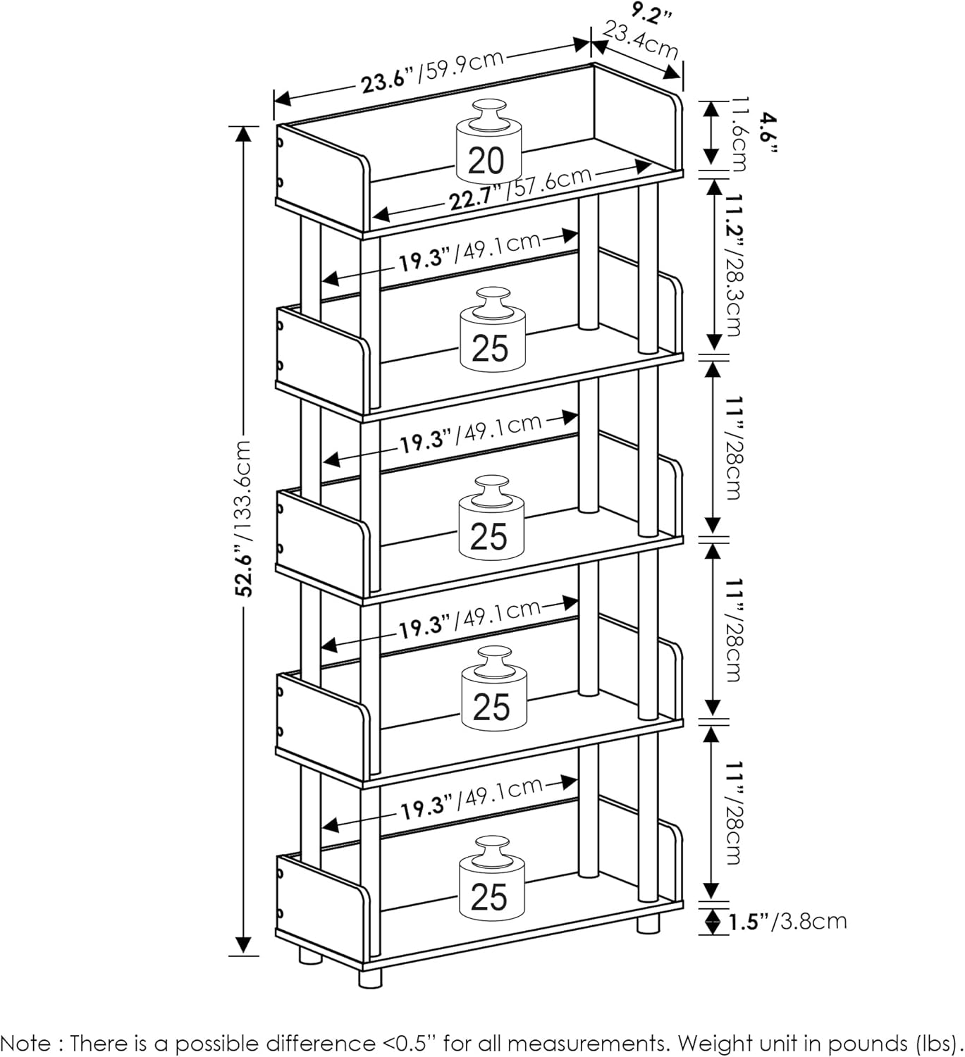 Furinno Turn-N-Tube 5-Tier Toolless Display Rack, French Oak/Black