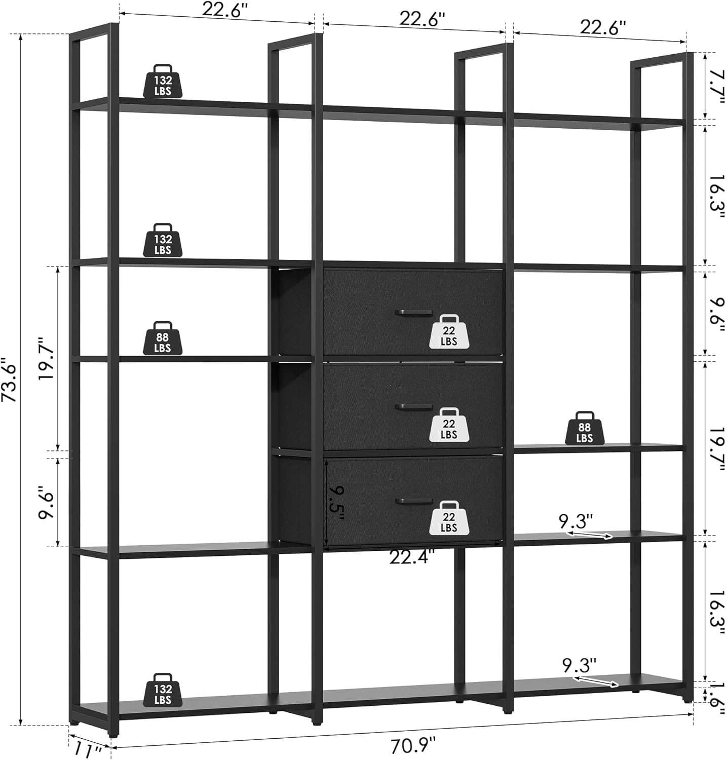 73.6" Tall Bookshelf with 3 Drawers and 16 Storage Shelves, Industrial Bookcase with 16 Open Display Shelves, Large Etagere Bookshelf, Triple Wide Book Shelf Book Case for Home & Office, Black