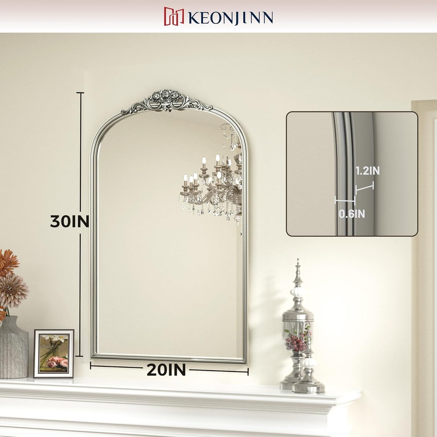 Keonjinn Vintage Arched Mirror for Wall, 20" x 30" Silver Mirror with Metal Frame, Ornate Vanity Mirror, Baroque Arch Mirror, Decorative Brass Mirror for Mantle, Living Room, French Cleat Mounting