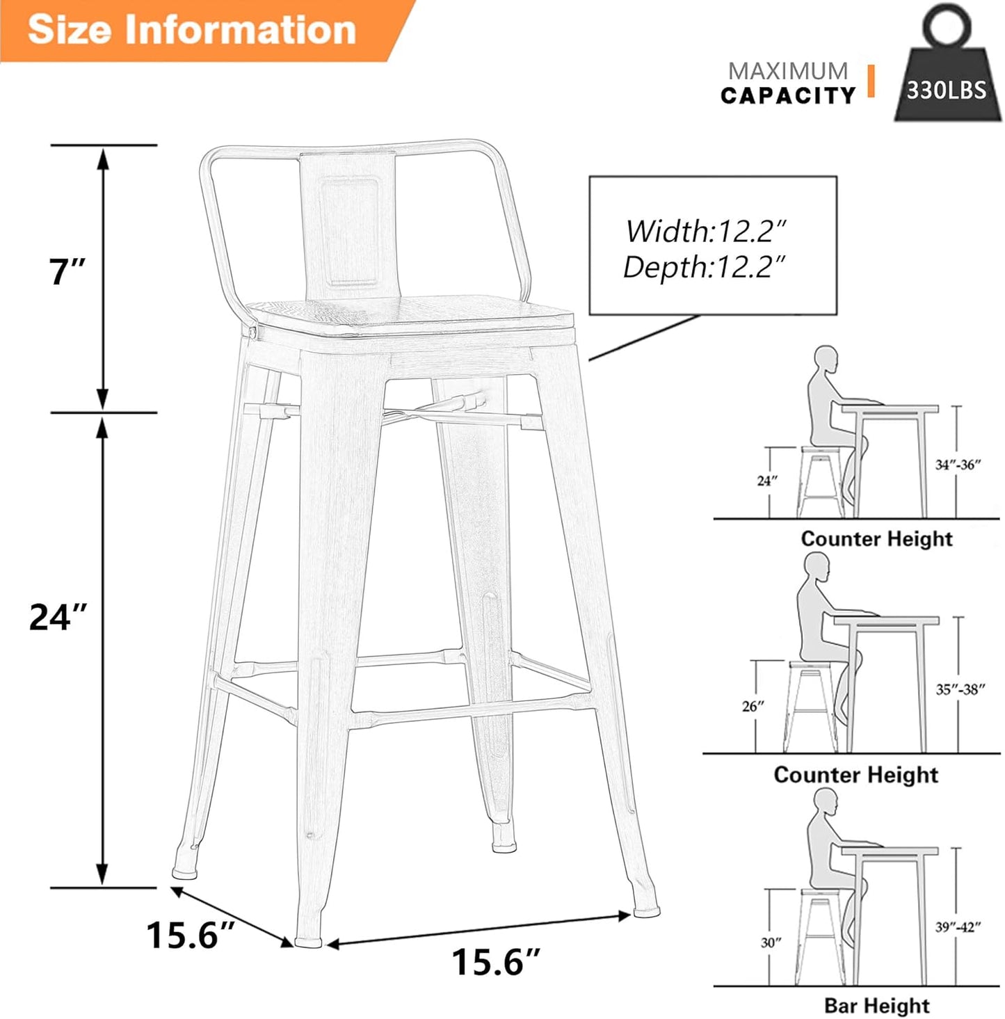 Yongchuang 24" Industrial Metal Barstools Set of 4 Counter Height Bar Stools with Back (24" Seat Height Wood Top Low Back, Distressed Gold)