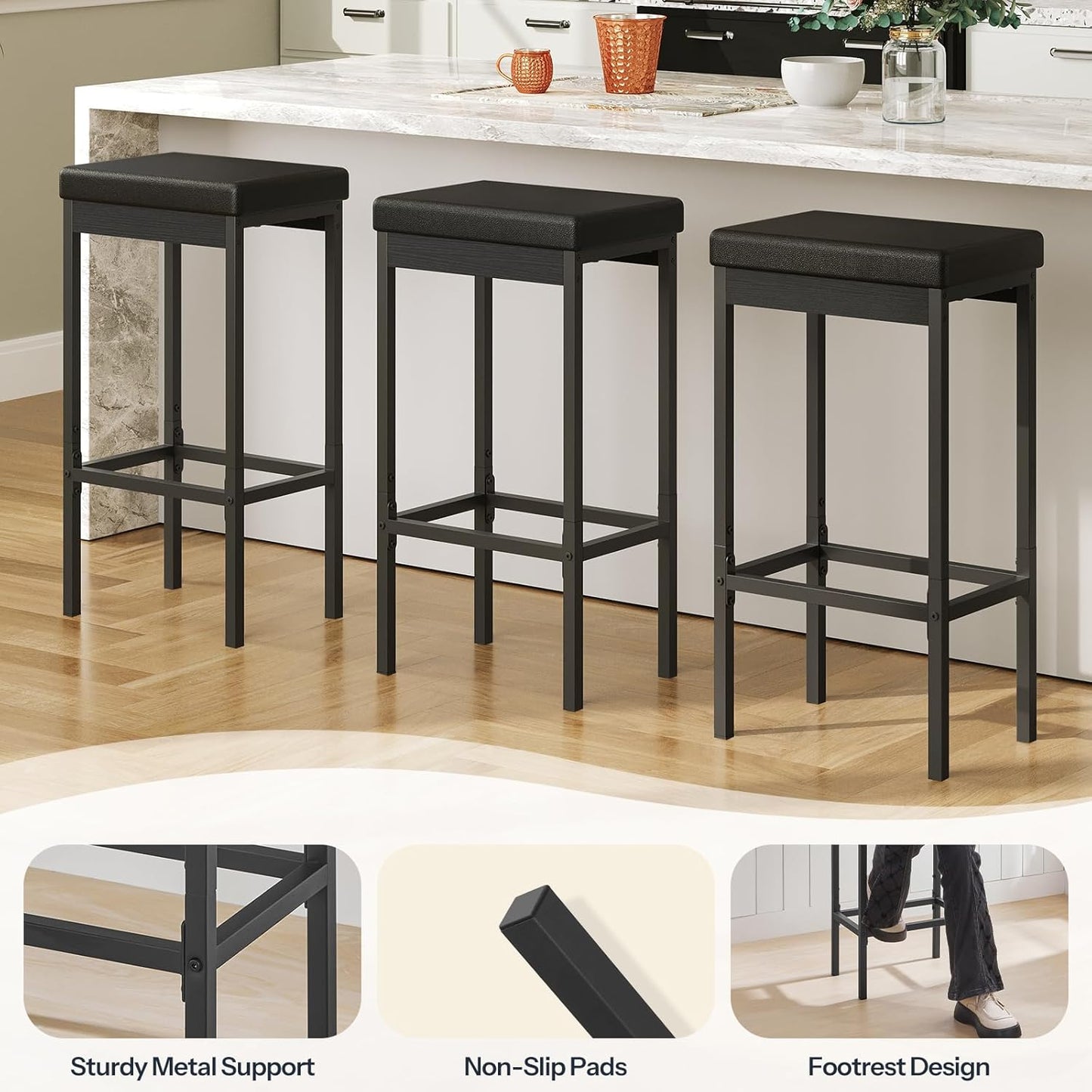 HOOBRO Bar Stools, Set of 3 Modern Black Rectangular Bar Chairs, 24.8-Inch Height, 2" Thick Upholstered Seat with High-Density Sponge, for Kitchen, Dining Room, Cafe, Bar Counter