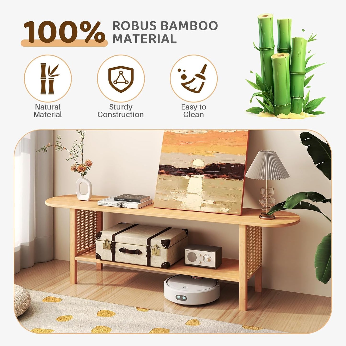 HollyHOME Bamboo TV Stand with Storage for TVs up to 65", Modern Entertainment Center with Rattan Side, Accent TV Table with 2 Shelf, Media Console TV Stand for Living Room, Bedroom, Burlywood