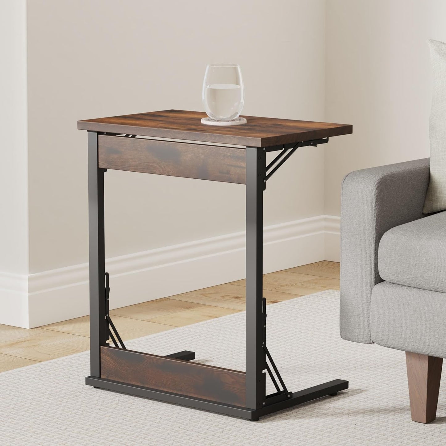 Tatub 24" Folding C Shaped End Table Set of 2, Small Sofa Side Laptop Desk, Couch TV Tray Table for Living Room, Bedroom, Rustic Brown