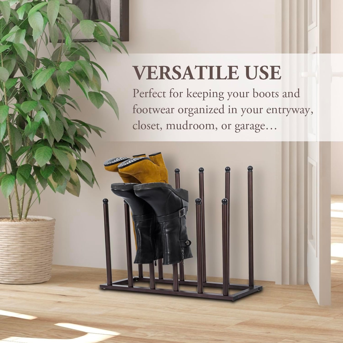 MyGift Bronze Tone Metal Freestanding Boot Rack, Shoe Rack for Mens Womens Cowboy Boots, Boot Organizer Stand for Closet, Entryway, Mudroom, or Garage, Holds up to 6 Pairs of Tall Boots