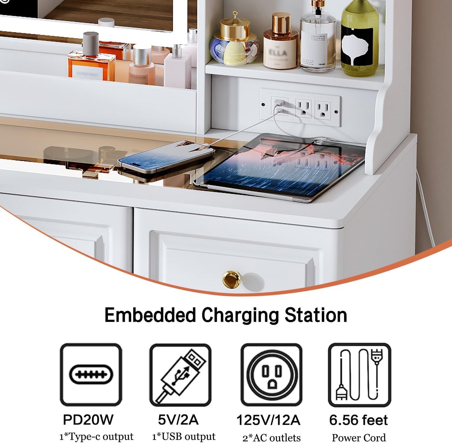 42" Makeup Vanity Desk with Mirror and Lights, & Power Outl, Glass Top Big Vanity Table with 9 Drawers& 8 Storage Shelves, Dressing Table Set with Chair for Bedroom, White