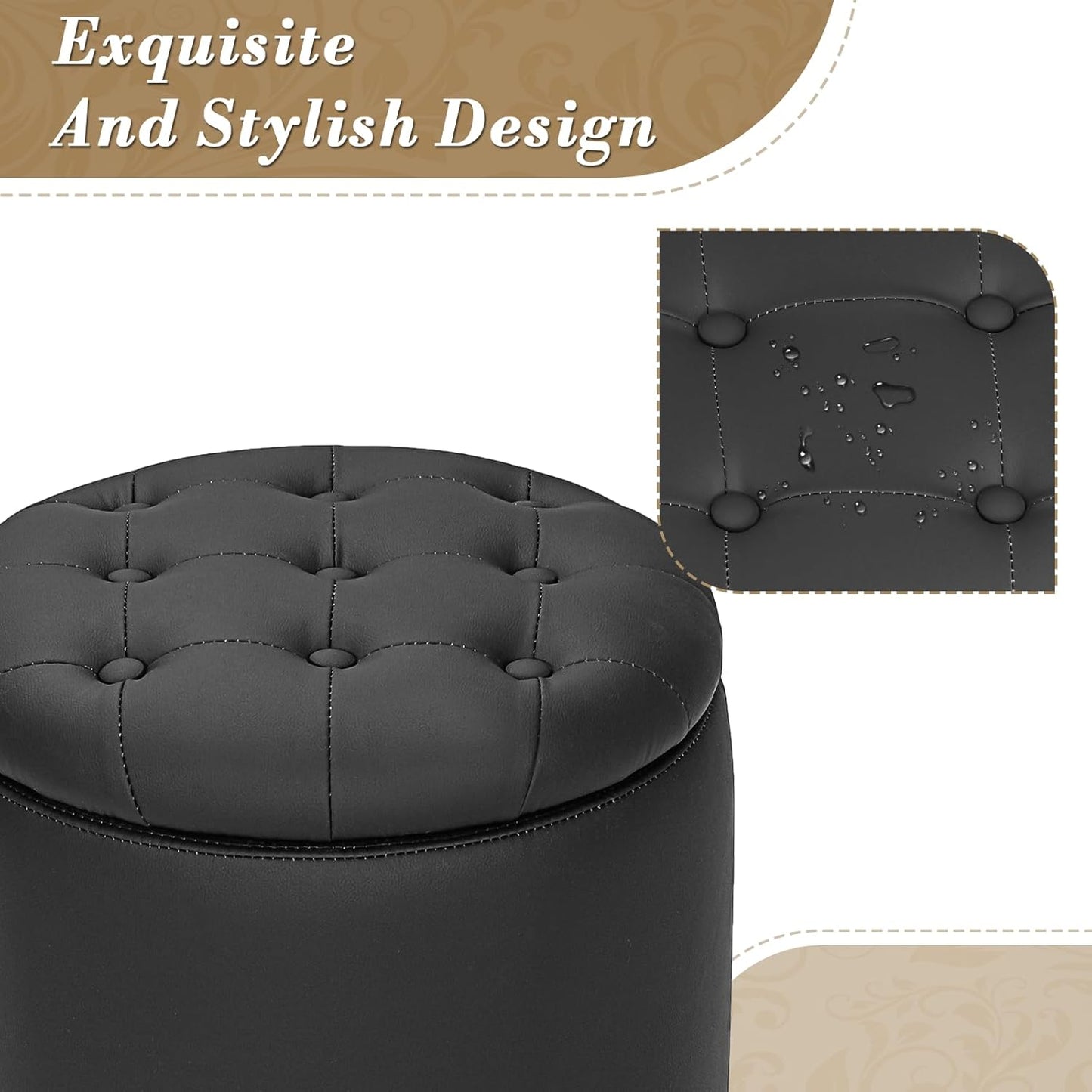 Athena Collection 15 Inch Small Ottoman with Storage, Round PU Leather Storage Ottoman Foot Rest with Removable Lid, Multipurpose Footstool Footrest for Living Room, Bedroom, Dorm, Black