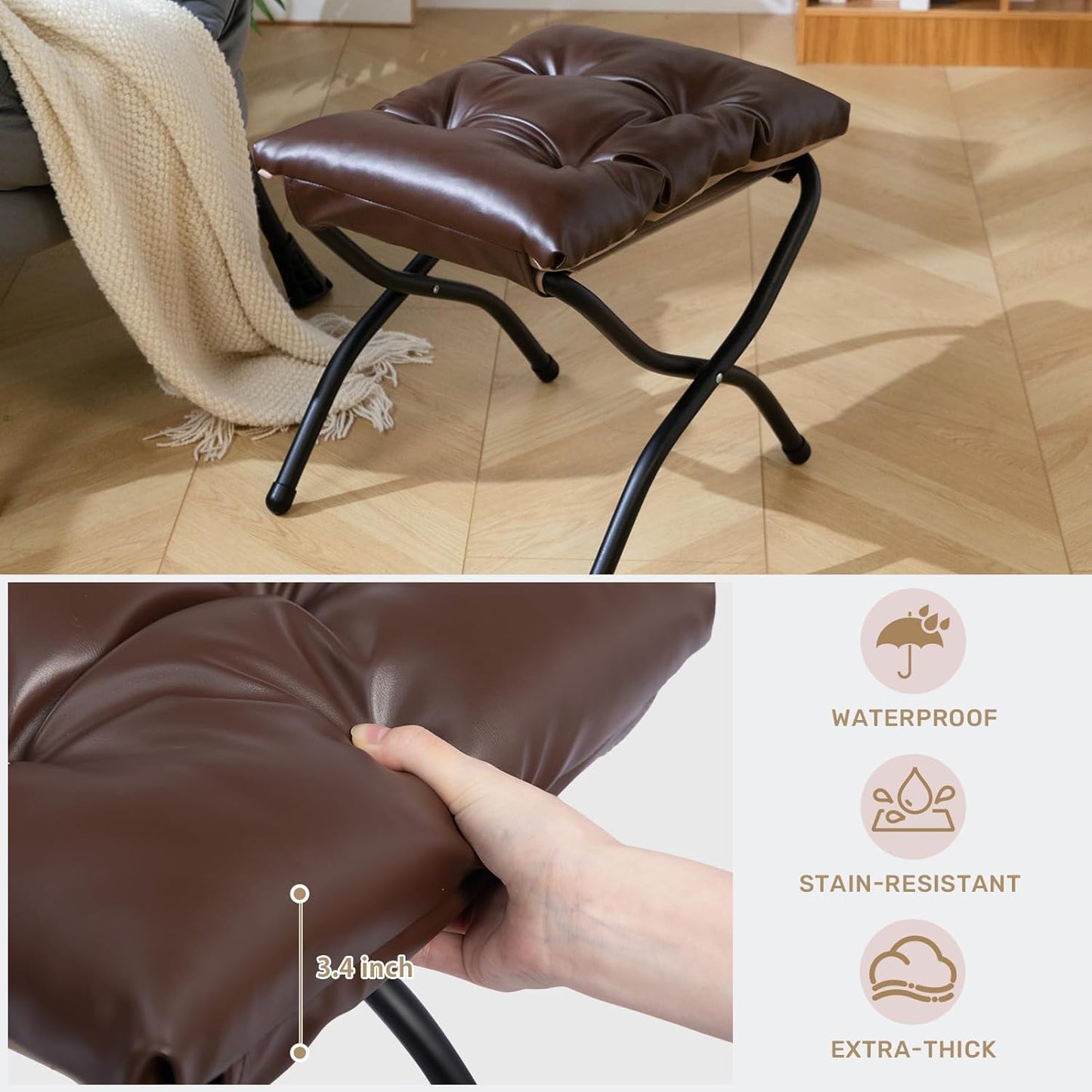 HollyHOME 15" H Folding Footrest Stool,Upholstered Foldable Ottoman with Padded Design. Features Metal Frame for Portability. Ideal for Sofas, Lazy Chairs,Living Room,Bedroom.PU Brown